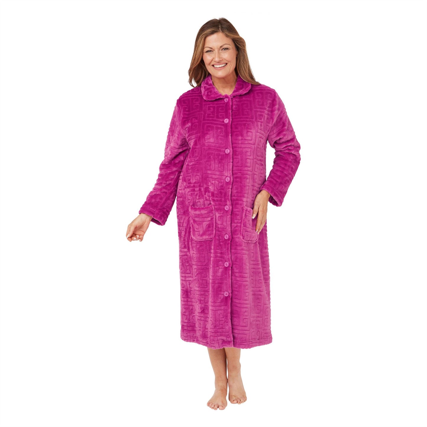 Marlon Womens Geometric Embossed Button Robe - Raspberry Marlon