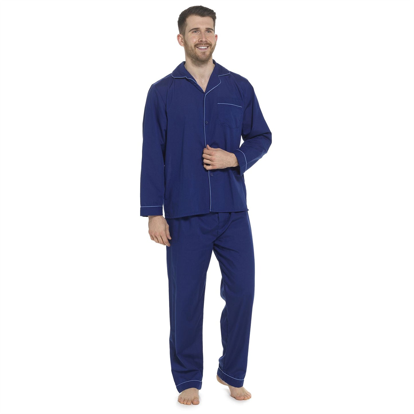 Walter Grange Mens Button Through Polycotton Pyjamas - Navy