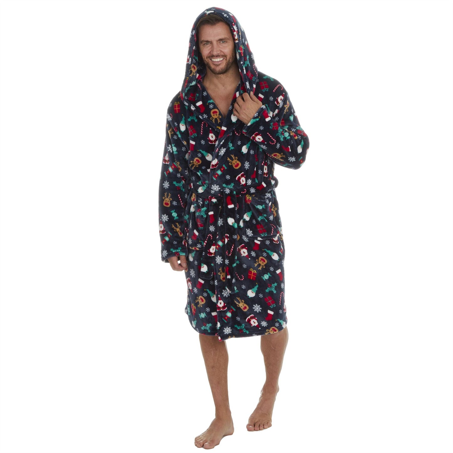Slumber Party Unisex Christmas Print Flannel Fleece Robe - Navy
