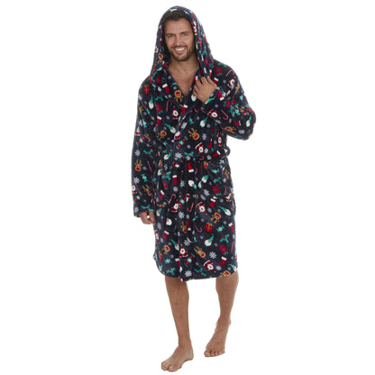 Slumber Party Unisex Christmas Print Flannel Fleece Robe - Navy