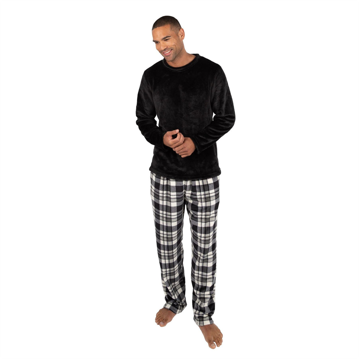 Cargo Bay Mens Crew Neck Fleece Pyjamas - Black Check Cargo Bay