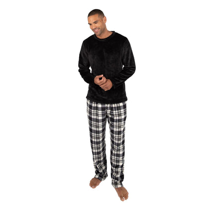 Cargo Bay Mens Crew Neck Fleece Pyjamas - Black Check Cargo Bay