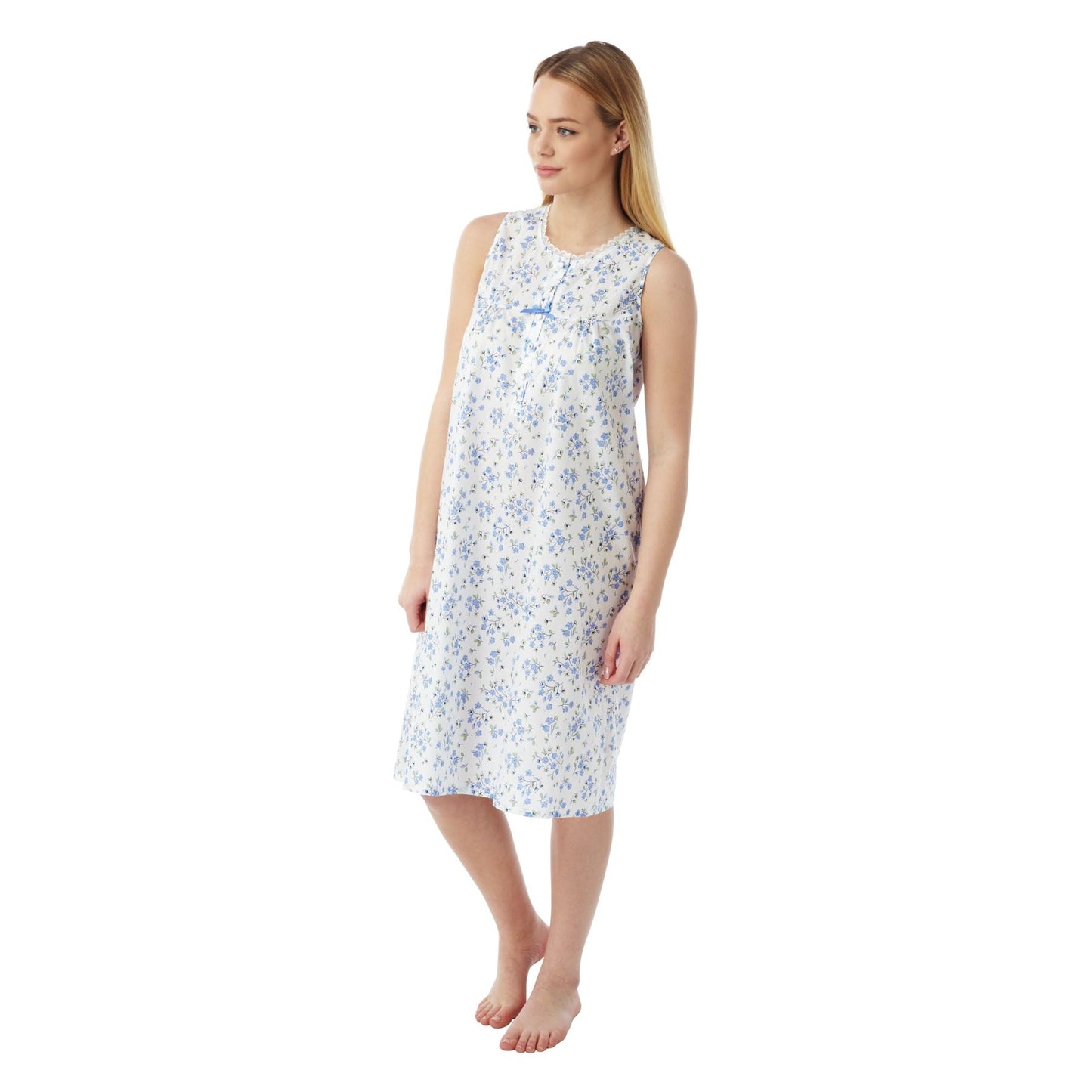 Marlon Womens Sleeveless Floral Nightdress - Blue Print Marlon