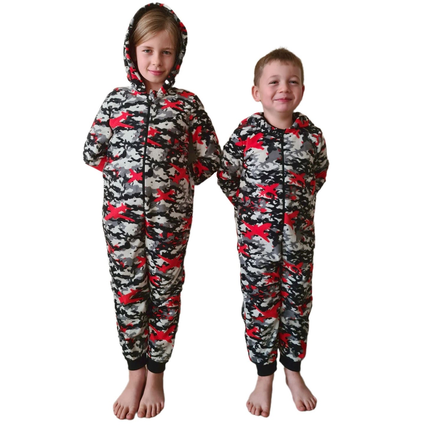 Kids Camo Hooded Fleece Onesie - Grey