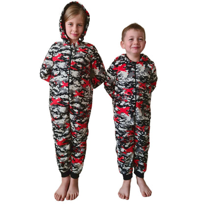 Kids Camo Hooded Fleece Onesie - Grey