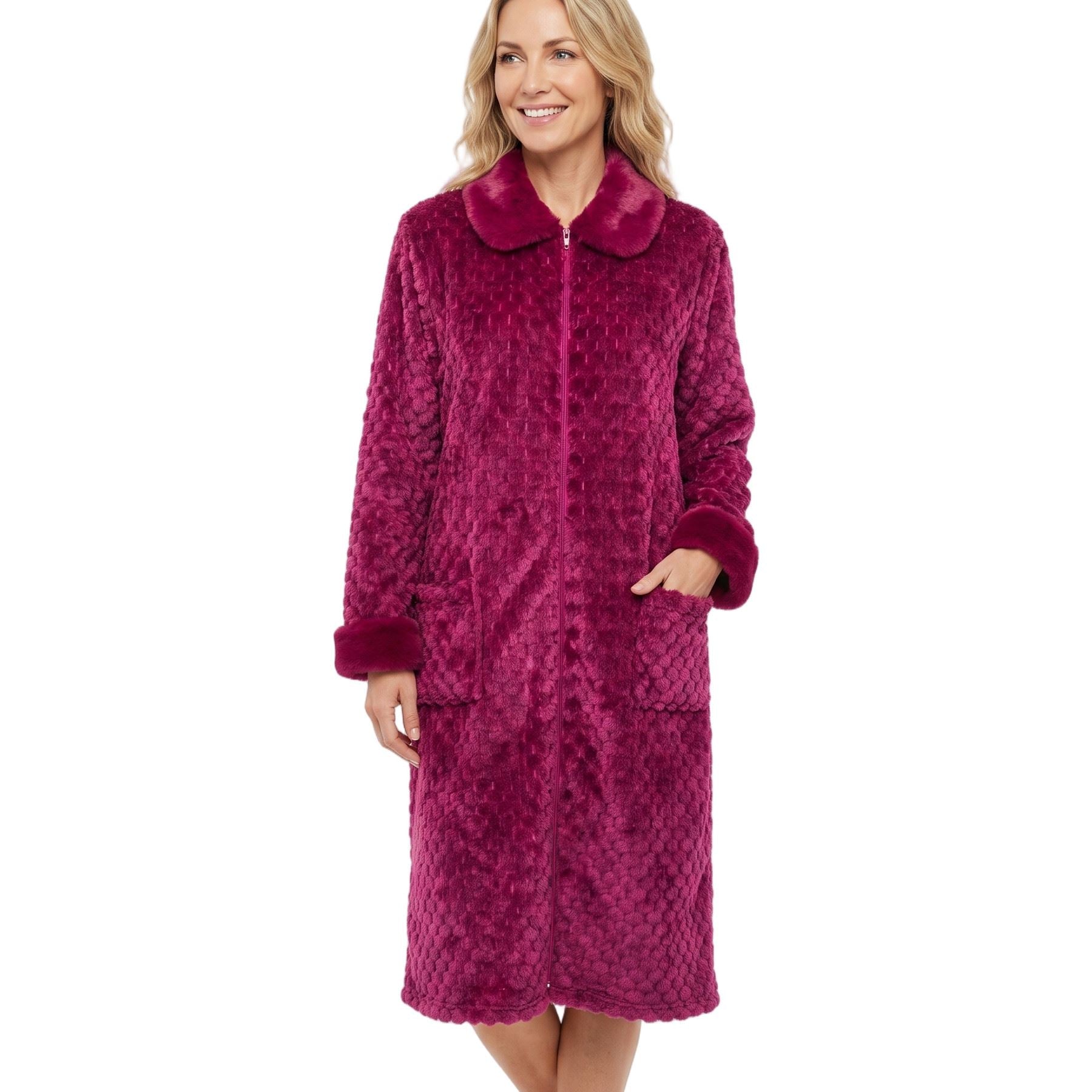 Marlon Womens Jacquard Puff Fleece Zip Robe - Burgundy Marlon