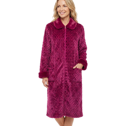 Marlon Womens Jacquard Puff Fleece Zip Robe - Burgundy Marlon