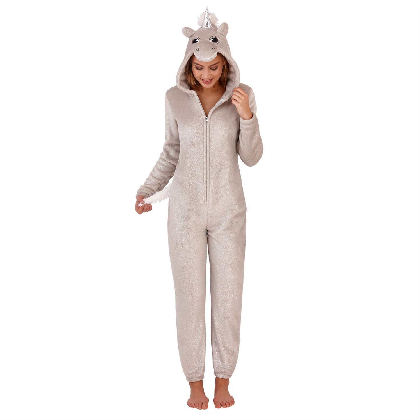 Loungeable Womens Sparkle Unicorn Fleece Onesie - Silver