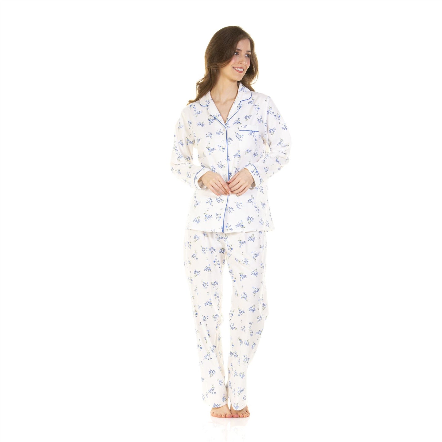 Sue Marks Womens Floral Button Through Brushed Cotton Pyjamas - Blue