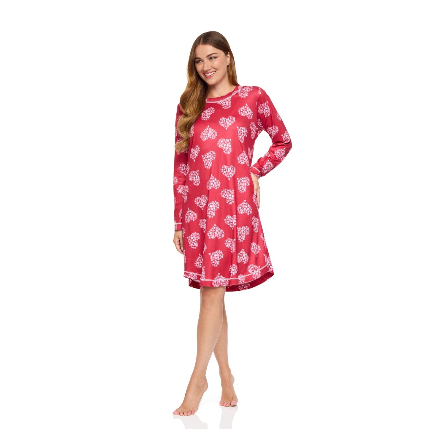 La Marquise Womens Jersey Knit Stars Long Sleeve Nightdress - Red