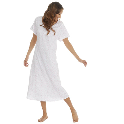 Cottonique Short Sleeve Floral Nightdress - White/Pink Cottonique
