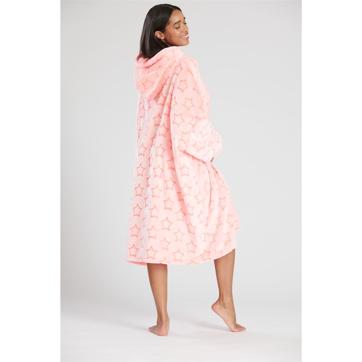 Loungeable Womens Long Fleece Hooded Star Poncho - Pink