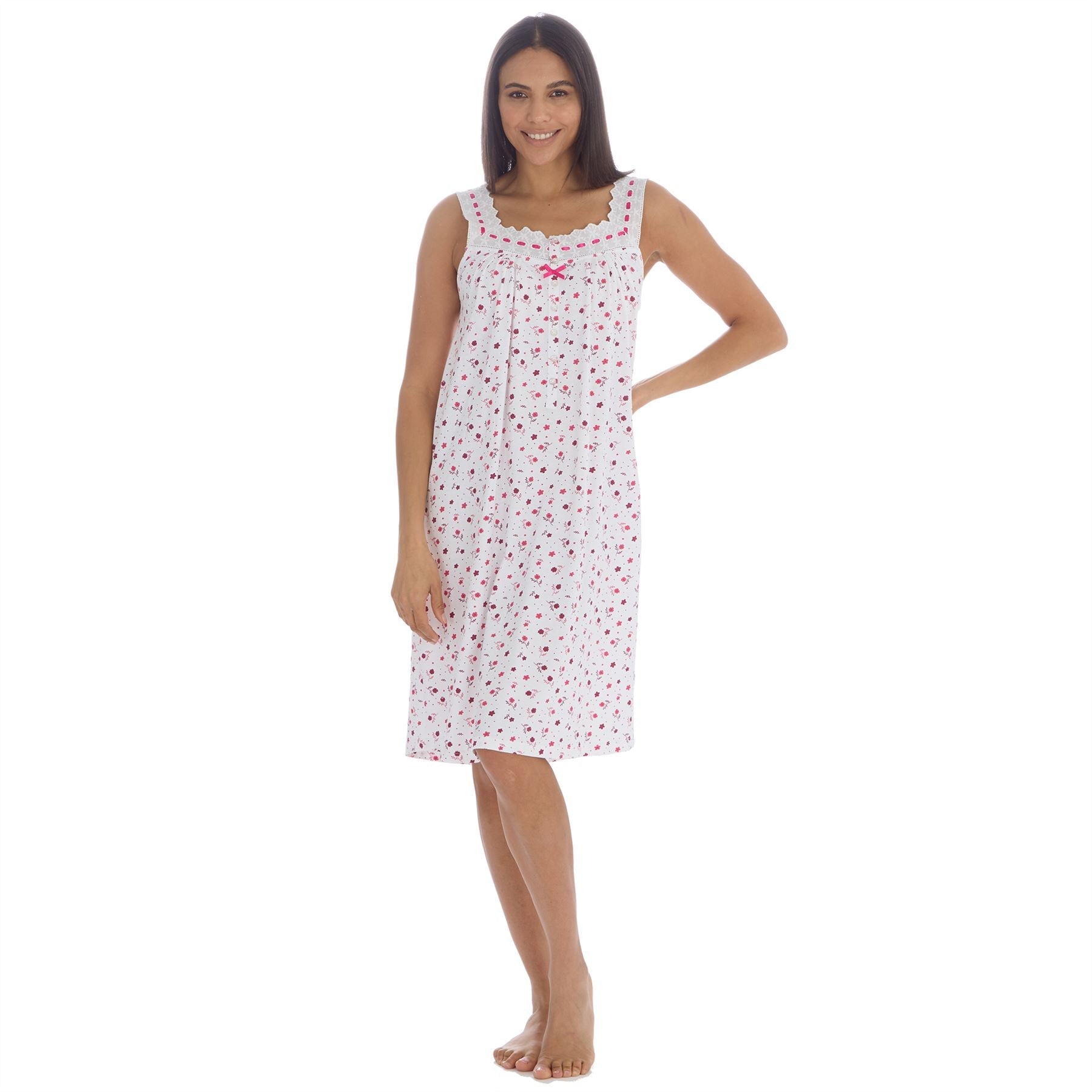 Cottonique Sleeveless Floral Nightdress - White/Berry Cottonique
