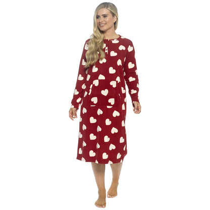 Wolf and Harte Womens Fleece Button Placket Nightdress - Wine Hearts Wolf and Harte