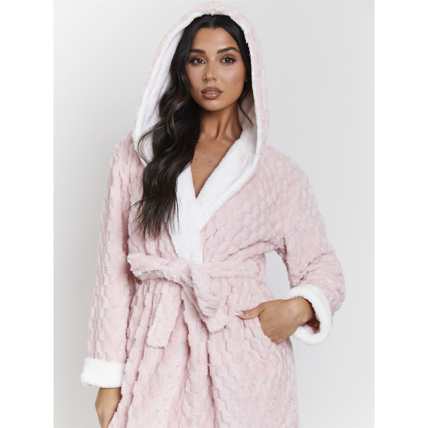 Loungeable Luxury Geometric Fleece Hooded Maxi Robe - Pink