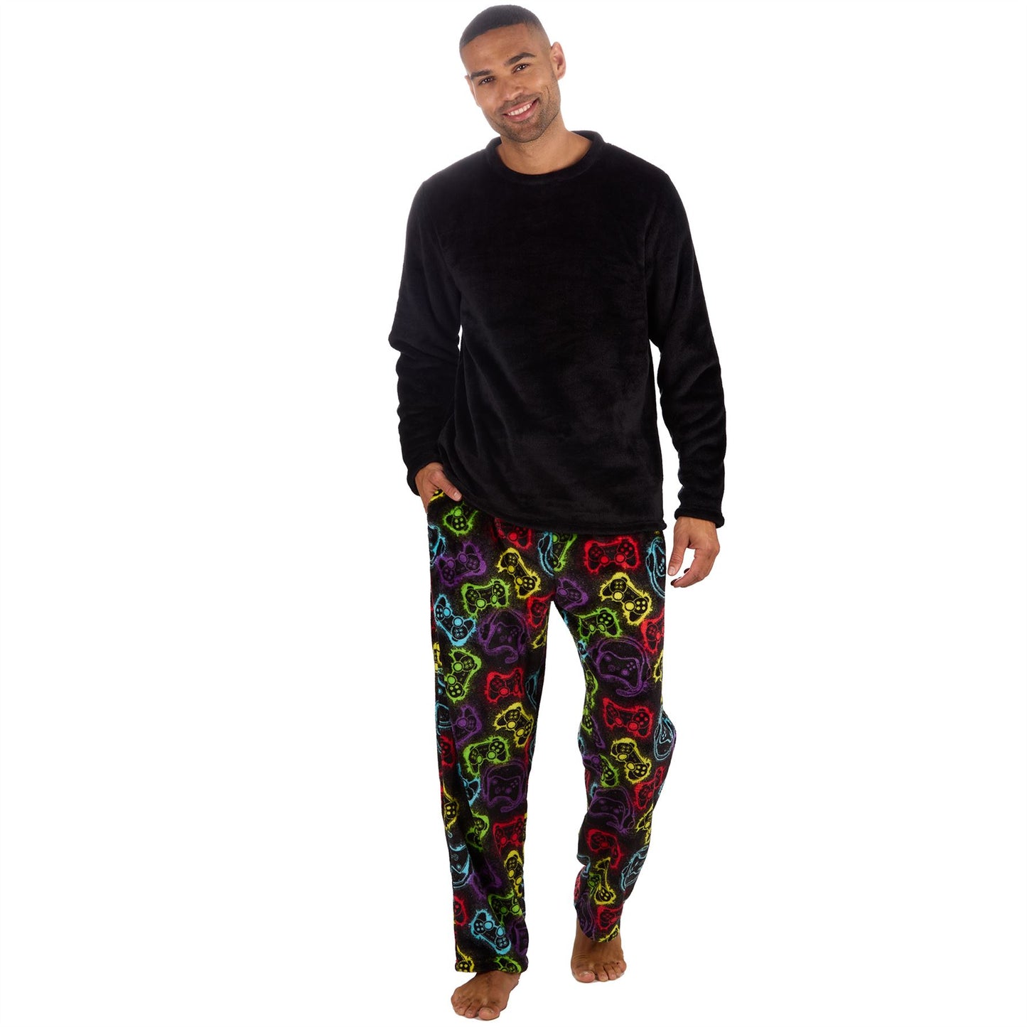 Cargo Bay Mens Fleece Gamer Print Pyjamas - Black/Multi