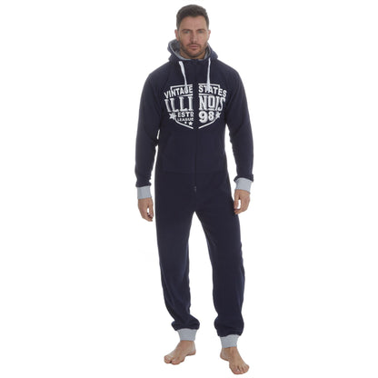 Onezee Mens Distressed Logo Print Microfleece Onesie - Navy