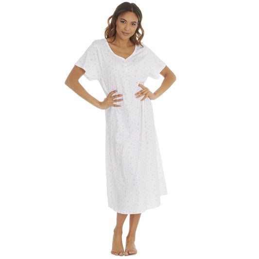 Cottonique Short Sleeve Floral Nightdress - White/Pink