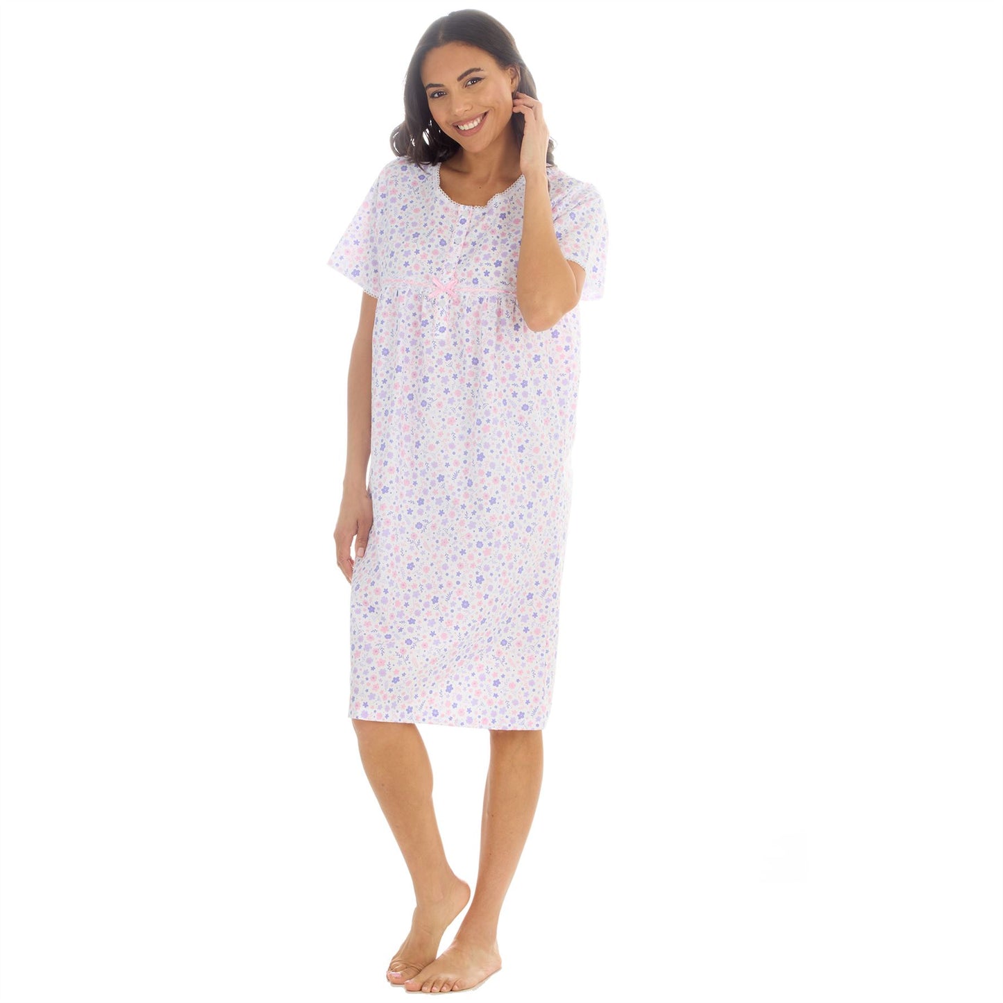 Countess Christie Short Sleeve Woven Poplin Floral Nightdress - Purple/Pink