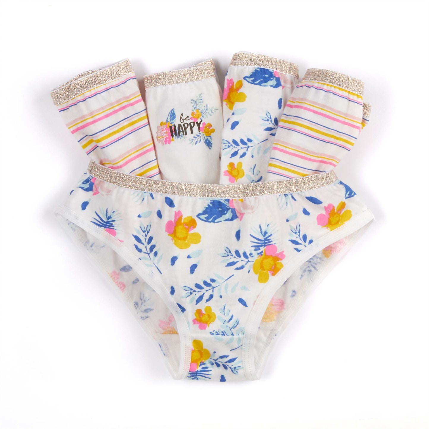 4Kidz Girls Briefs (5 Pack) - Floral/Stripe (7-13 Years)
