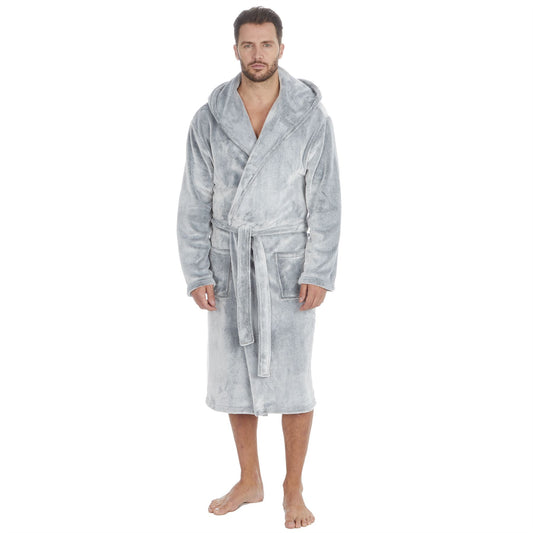 Cargo Bay Mens Frosted Flannel Fleece Hooded Robe - Grey