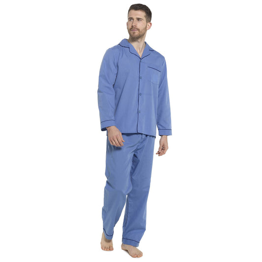Walter Grange Mens Button Through Polycotton Pyjamas - Blue