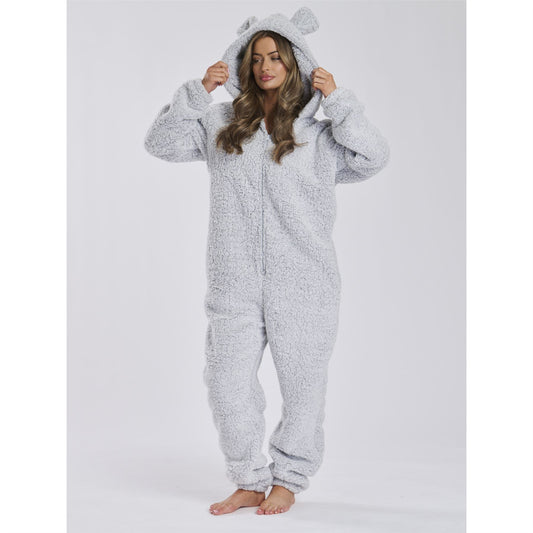 Loungeable Womens Sherpa Fleece Teddy Bear Onesie - Silver