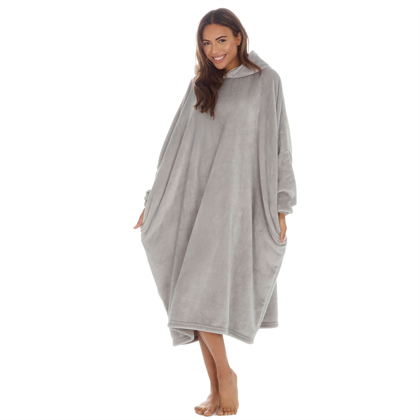 Slumber Party Womens Fleece Longline Hooded Poncho - Grey