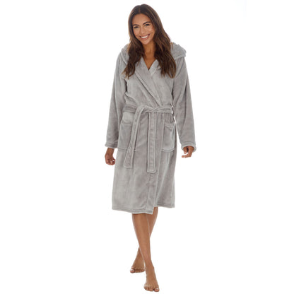 Slumber Party Womens Plain Fleece Hooded Robe - Grey