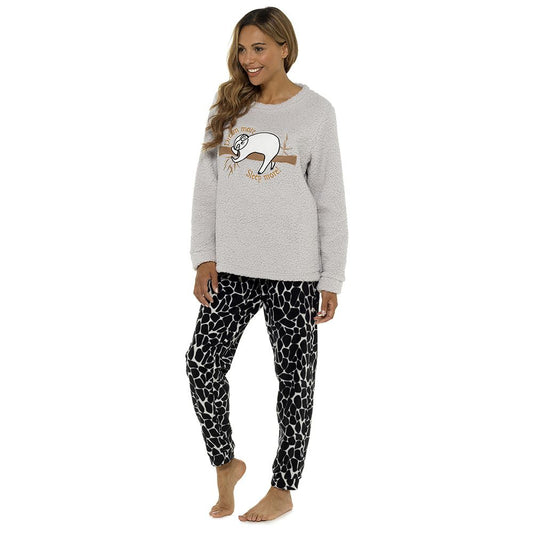 Foxbury Womens Sloth Fleece Pyjamas - Grey/Print
