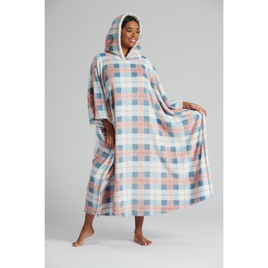 Loungeable Womens Long Fleece Hooded Check Poncho - Pink/Blue