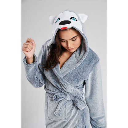 Loungeable Womens Husky Dog Fleece Hooded Robe - Blue/Grey