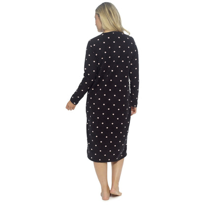 Wolf and Harte Womens Fleece Button Placket Nightdress - Black Spots Wolf and Harte