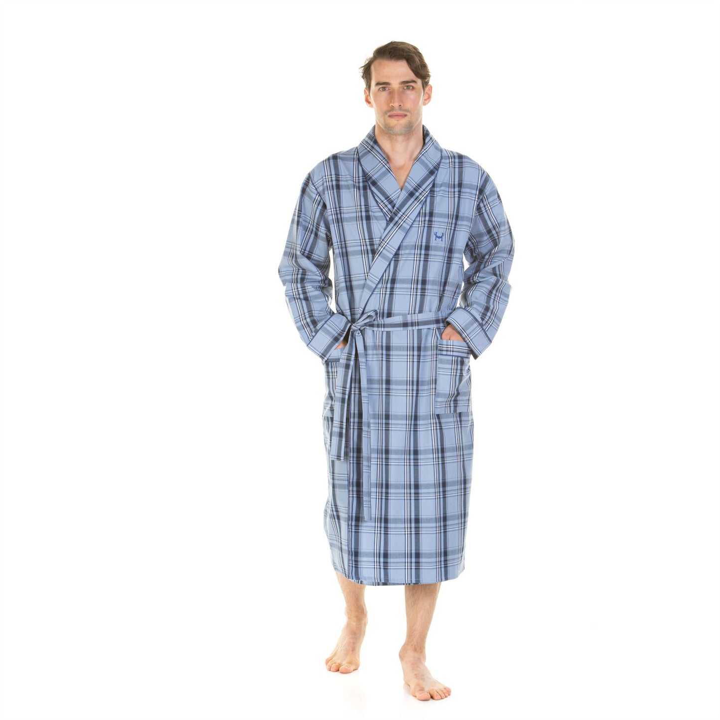 Haigman Mens Pure Cotton Robe - Blue Check