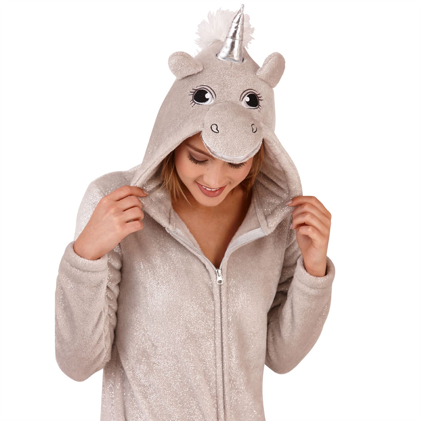 Loungeable Womens Sparkle Unicorn Fleece Onesie - Silver