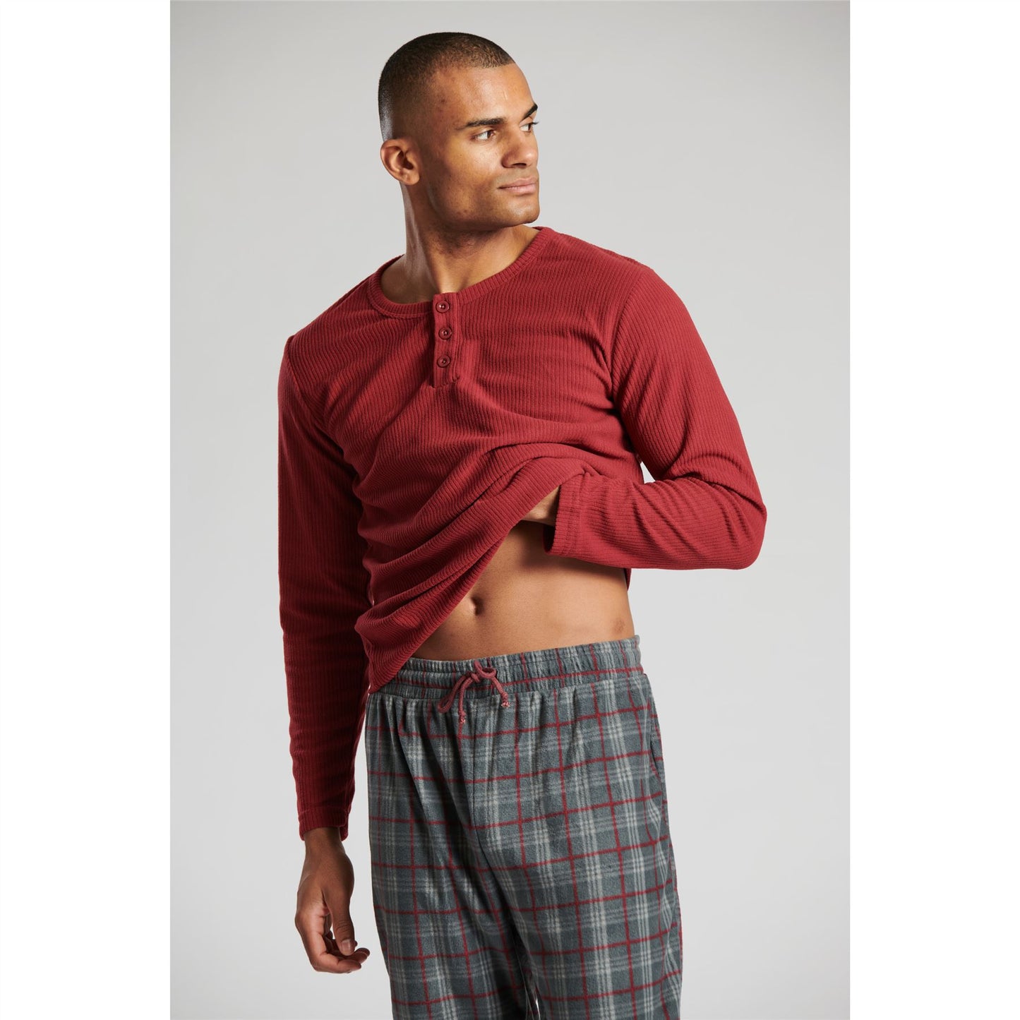 Loungeable Mens Ribbed Fleece Pyjamas - Red/Grey Check