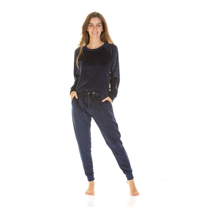 La Marquise Womens Velour Lounge Diamond Shoulder Pyjamas - Navy