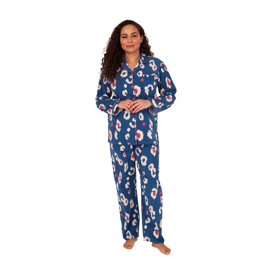 Indigo Sky Womens Animal Print Brushed Cotton Pyjama Set - Ocean Blue