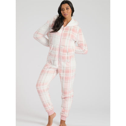Loungeable Womens Well Soft Check Fleece Onesie - Pink