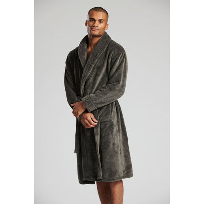 Loungeable Mens Solid Collar Fleece Robe - Charcoal Grey