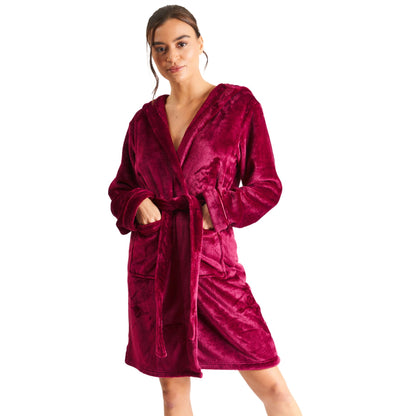 Loungeable Womens Satin Trim Fleece Hooded Robe - Plum