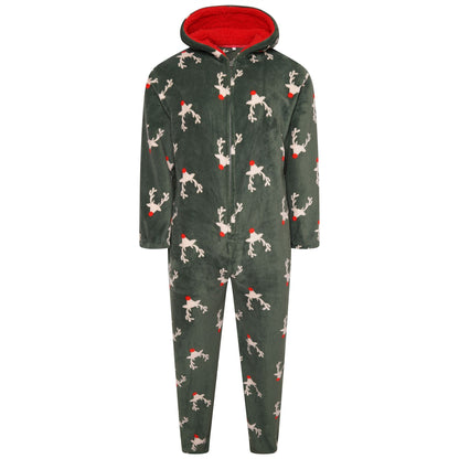 Loungeable Mens Reindeer Fleece Onesie - Green