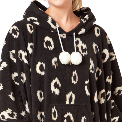 Indigo Sky Womens Fleece Animal Print Oversized Poncho - Black