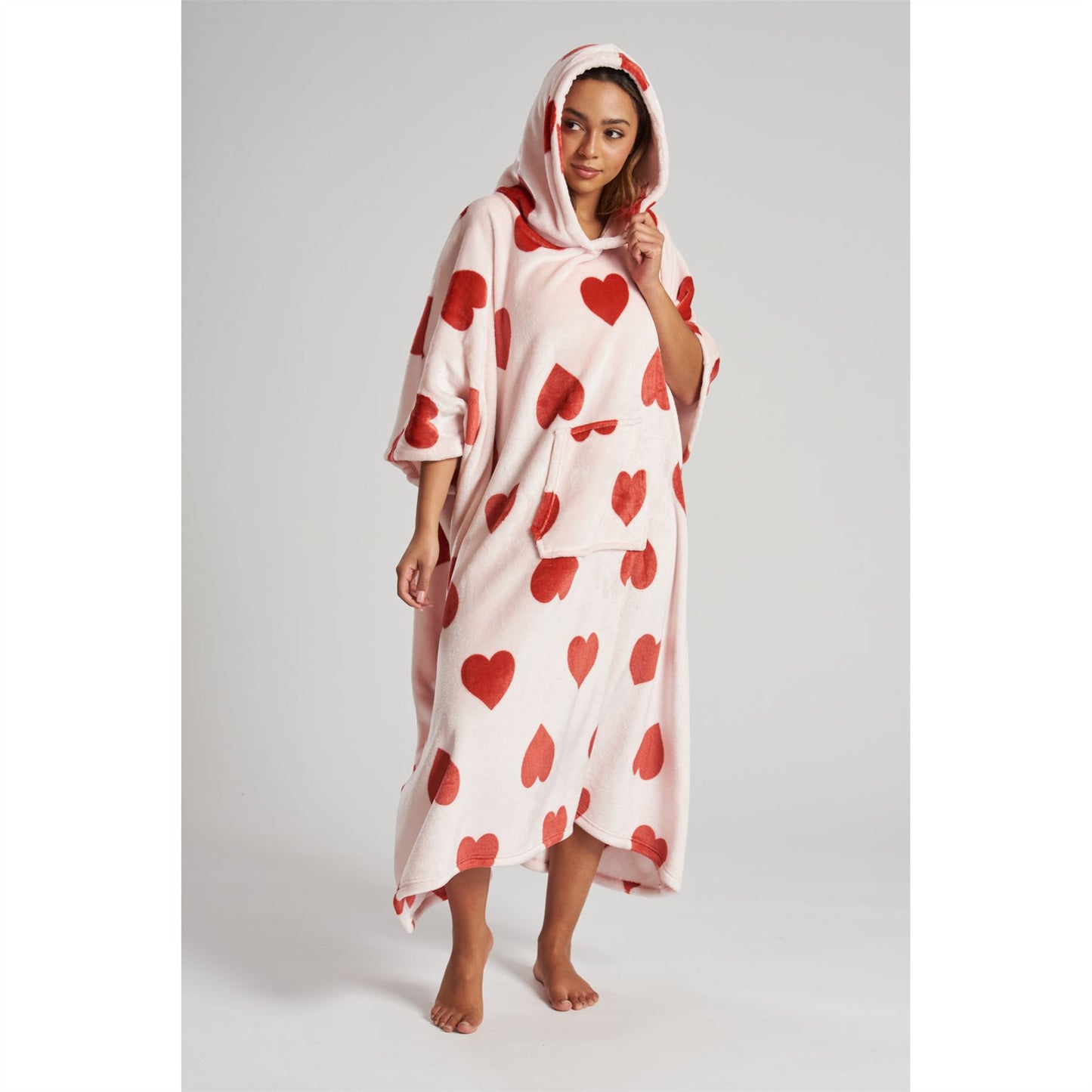 Loungeable Womens Heart Long Luxury Fleece Hooded Poncho - Pink