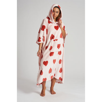 Loungeable Womens Heart Long Luxury Fleece Hooded Poncho - Pink