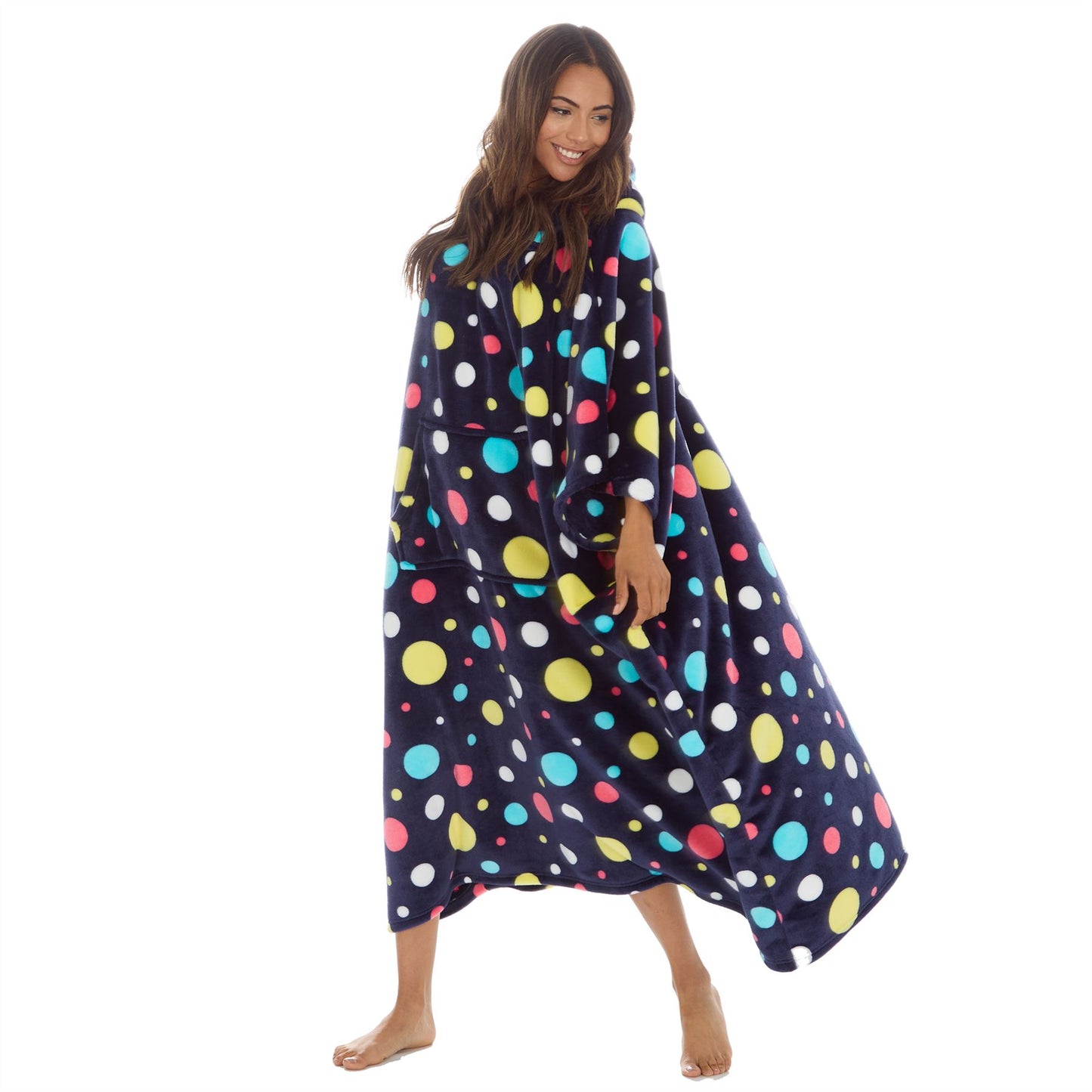 Huggable Hoodie Womens Fleece Oversized Poncho - Navy Spots