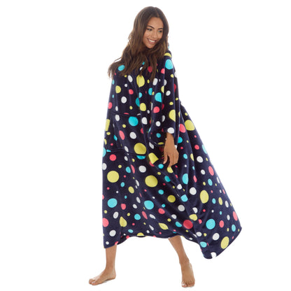 Huggable Hoodie Womens Fleece Oversized Poncho - Navy Spots