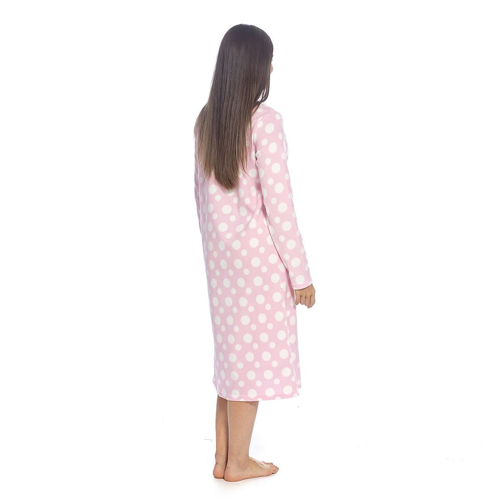 Wolf and Harte Womens Fleece Button Placket Nightdress - Pink Spots