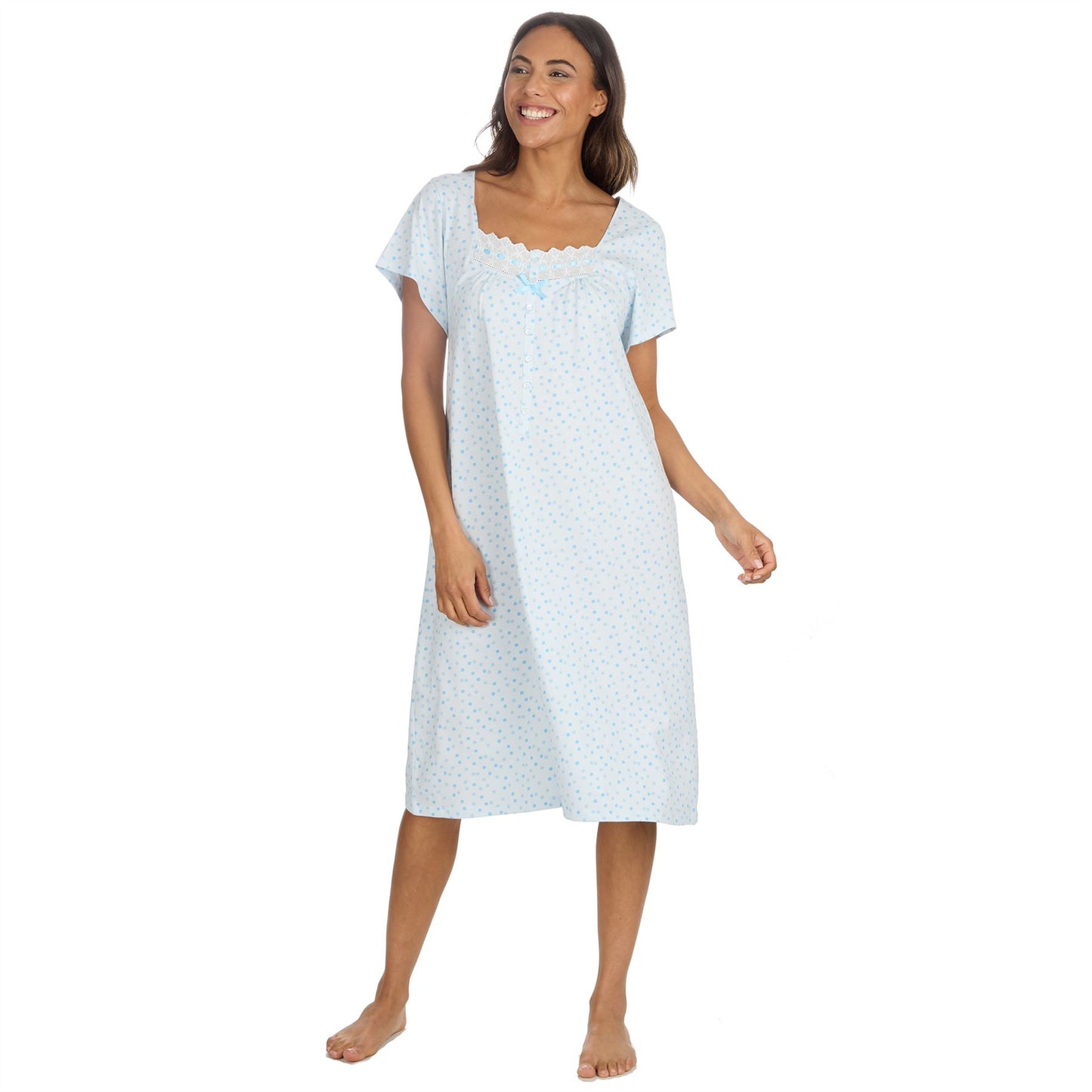 Cottonique Short Sleeve Pastel Spot Nightdress - Blue