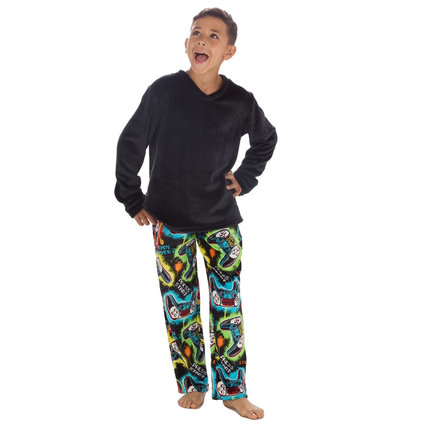 Cargo Bay Kids Fleece Gamer Pyjamas - Black/Multi